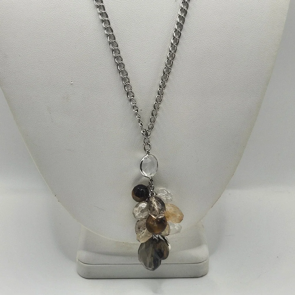 Silver Tone Cluster Beaded Pendant Necklace‎ Smoky Quartz Tigers Eye Style Beads